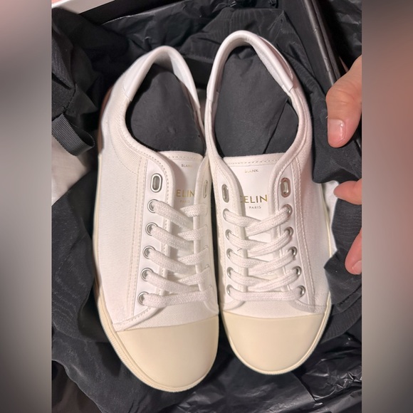Celine Blank Low Lace Up Sneaker with Toe Cap in Canvas and Calfskin - Off White - Picture 3 of 16